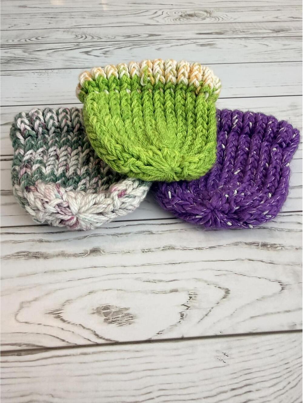 Hand Knit Baby Beanie Hats Lot of 3 Purple Green Multicolor Winter Infant - Picture 11 of 11